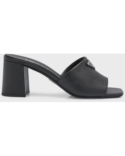 Prada Leather Block-Heel Mule Sandals - Brown