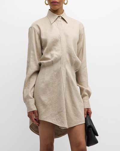 Brandon Maxwell Vera Long-Sleeve Linen Mini Shirtdress - Natural