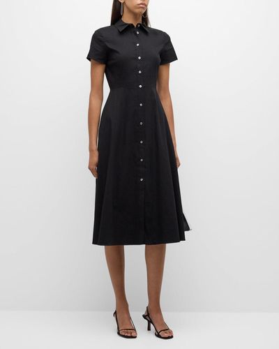 Theory Good Linen Short-Sleeve Button-Front Midi Shirt Dress - Black