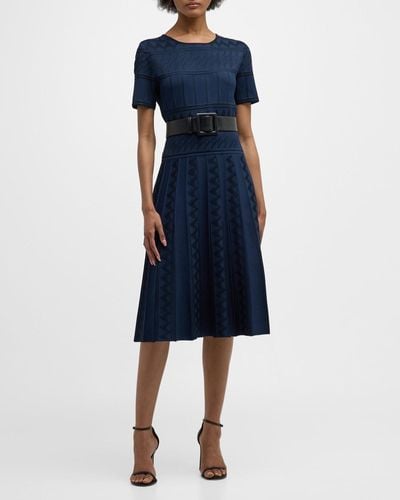 Carolina Herrera Short-Sleeve Pointelle Pleated Knit Dress - Blue