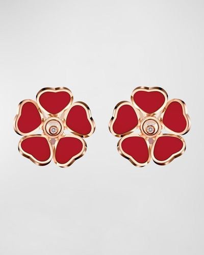 Chopard Happy Hearts 18k Rose Gold Red Stone Flower & Diamond Earrings