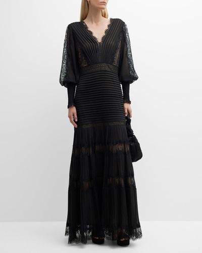 Tadashi Shoji Tiered Bishop-Sleeve Pleated Lace Gown - Black