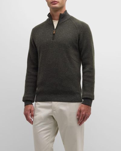 Neiman Marcus Ribbed Quarter Zip Cashmere Sweater - Black