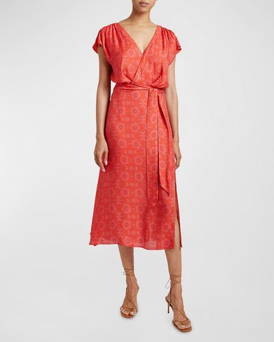 Santorelli Fara Geometric-Print Faux-Wrap Midi Dress - Red