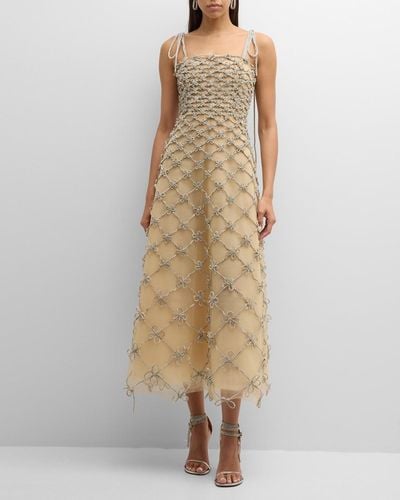 Oscar de la Renta Grid And Bow Tea-Length Sleeveless Dress - Natural