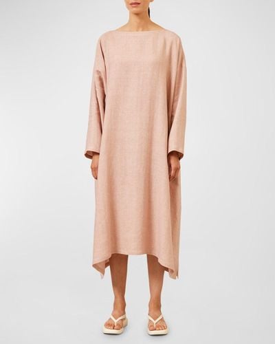 Eskandar Wide A-Line Scoop-Neck Linen Midi Dress - Pink