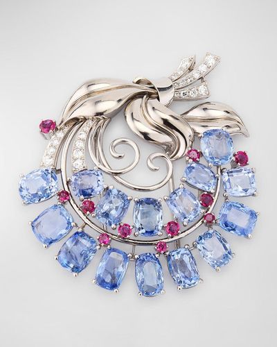 NM Estate Estate Platinum And Palladium Floral Pin With Sapphires, Diamonds And Rubies - Blue