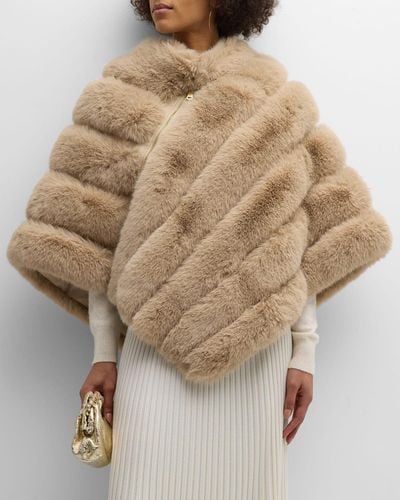 Kelli Kouri Asymmetrical Zip Faux Fur Poncho - Natural