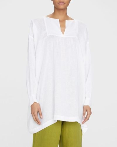 Eskandar Slit-Neck Linen Peasant Shirt (Long Plus Length) - White