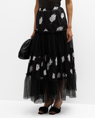 Busayo Ayope Splotched-print Tiered Tulle Maxi Skirt - Black