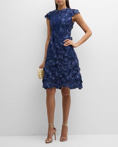 Teri Jon 3D Floral Applique Lace Knee-Length Dress - Blue