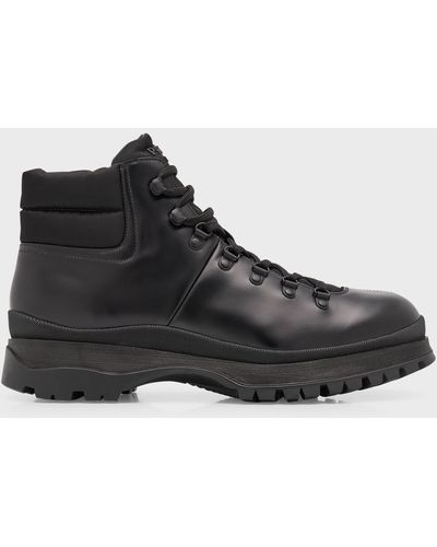 Prada Brucciato Leather Lace-Up Hiking Boots - Black