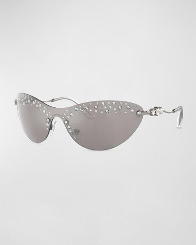 Swarovski Constella Crystal Embellished Metal Shield Cat-Eye Sunglasses - Gray