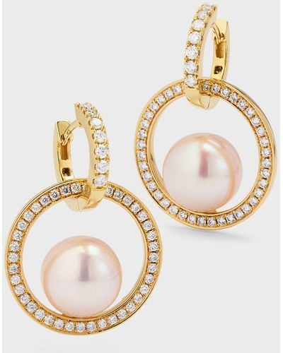 Pearls By Shari 18k Yellow Gold Akoya Pearl And Diamond Double Hoop Earrings, 9mm - Metallic