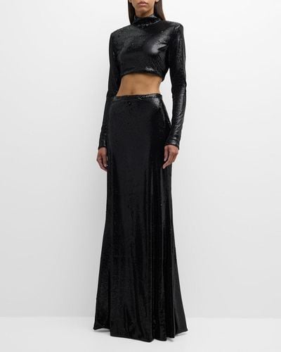 Roberto Cavalli Two-Piece Mock-Neck Long-Sleeve Sequined Gown - Black