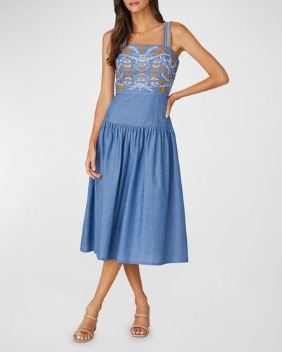 Shoshanna Greta Embroidered Knee-Length Dress - Blue