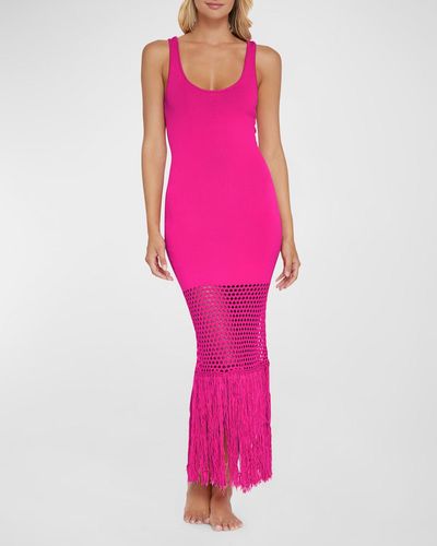 PQ Swim Claudia Crochet-Knit Fringe Dress - Pink