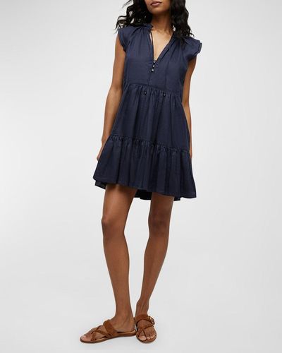 Veronica Beard Zee Tiered Linen Flutter-Sleeve Mini Dress - Blue