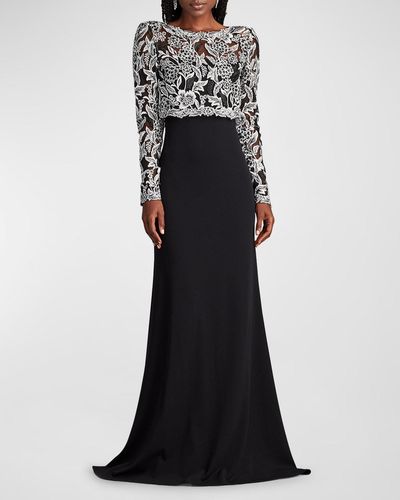 Tadashi Shoji A-Line Floral-Embroidered Lace & Crepe Gown - Black