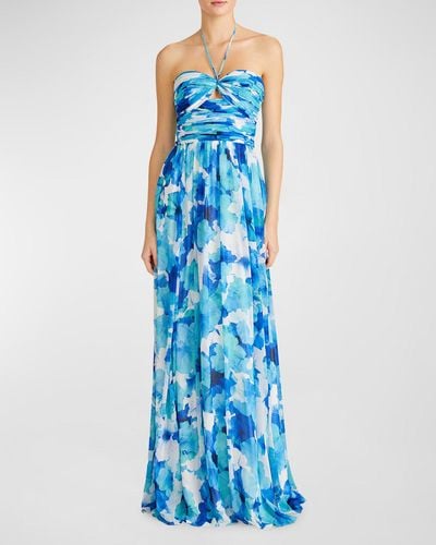 ML Monique Lhuillier Emilia Cutout Floral-Print Halter Gown - Blue