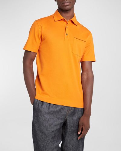 Zegna Cotton Polo Shirt With Leather-trim Pocket - Orange
