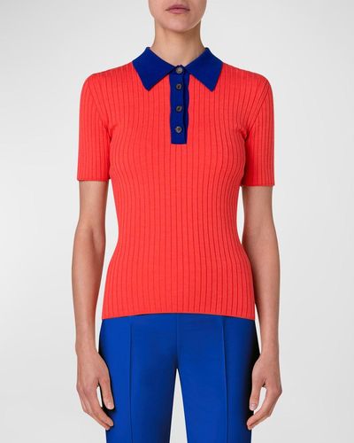 Akris Silk Cotton Ribbed Knit Polo Top - Red