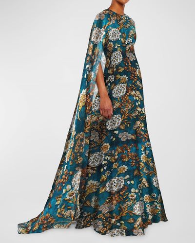 Mary Katrantzou Didion Floral-Print Empire-Waist Silk Cape Gown - Green