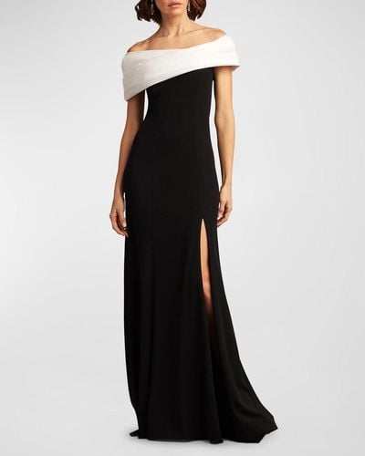 Tadashi Shoji Off-Shoulder A-Line Crepe & Taffeta Gown - Black