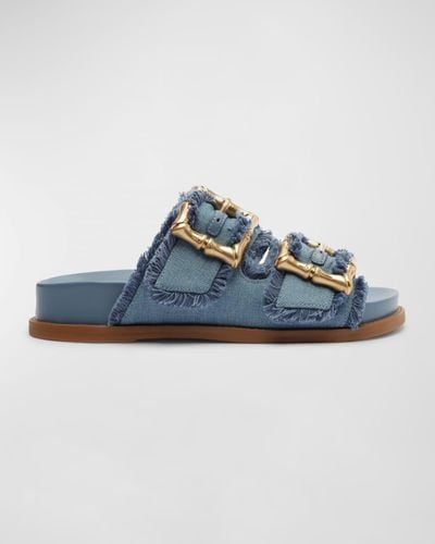 SCHUTZ SHOES Enola Frayed Dual-Buckle Slide Sandals - Blue