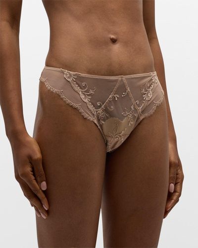 Lise Charmel Floral-Embroidered Mesh Thong - Brown