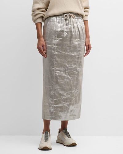 Brunello Cucinelli Metallic Linen Column Midi Skirt - Gray
