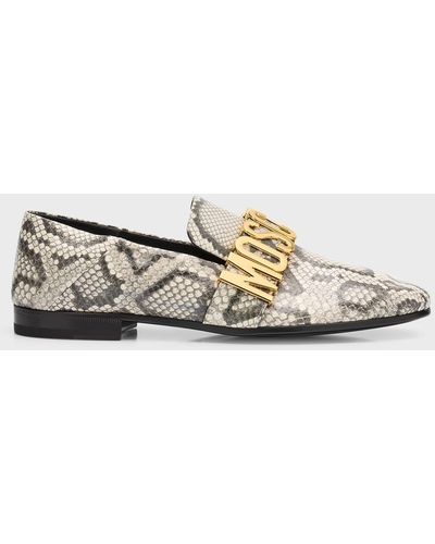 Moschino Maxi Lettering Snake-Print Leather Loafers - White