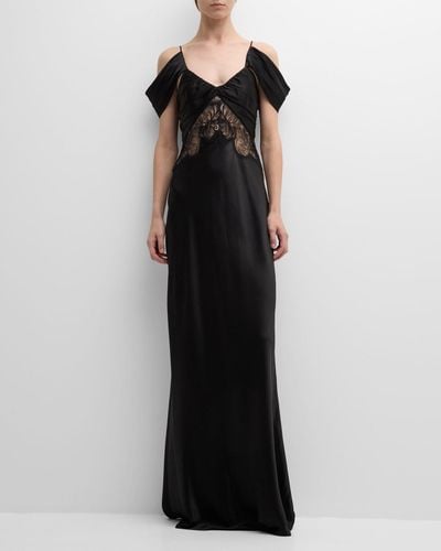 Alberta Ferretti Draped Off-The-Shoulder Lace-Inset Satin Gown - Black