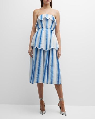 Rosie Assoulin Awning Striped Scalloped Peplum Midi Dress - Blue