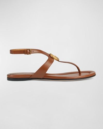 Gucci Double G Marmont Leather Thong Sandals - Brown
