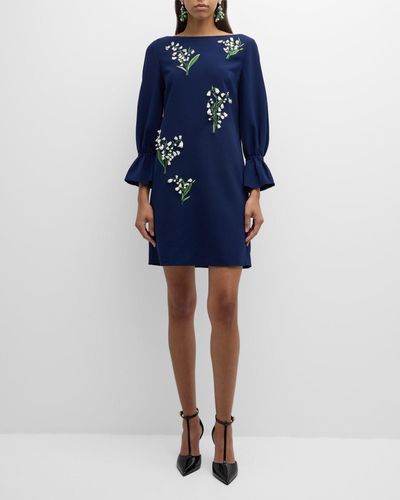 Carolina Herrera Embroidered Shift Dress With Flutter Sleeves - Blue