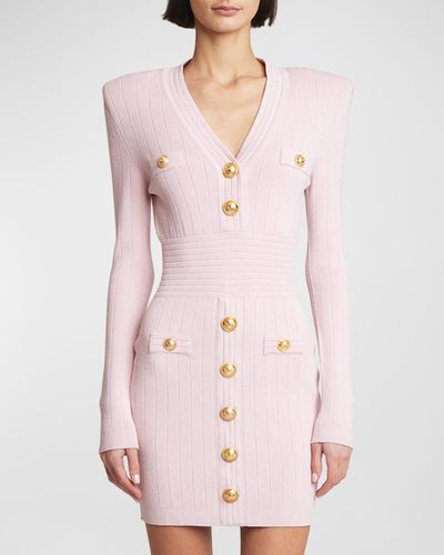 Balmain Long-Sleeve Buttoned Short Knit Dress - Pink