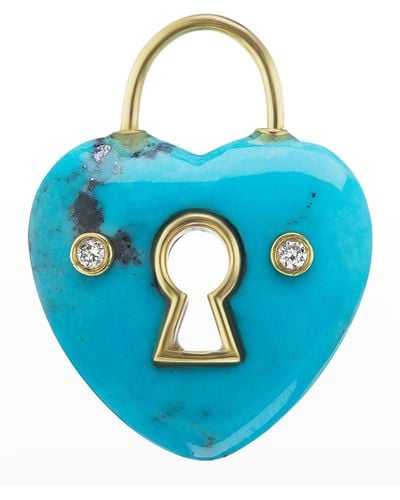 Jenna Blake Yellow Gold Turquoise Heart Charm With Keyhole And 2 White Diamonds - Blue