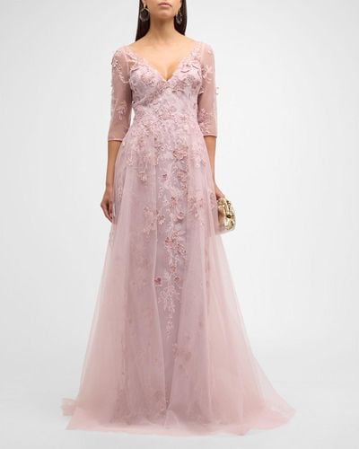 Teri Jon Sequin Floral-Embroidered A-Line Tulle Gown - Pink