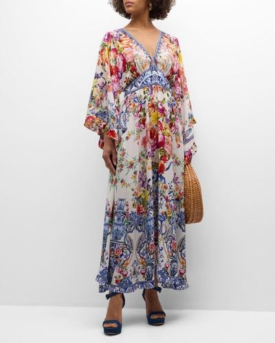 Camilla Crystal Waisted Kimono-Sleeve Maxi Dress - White