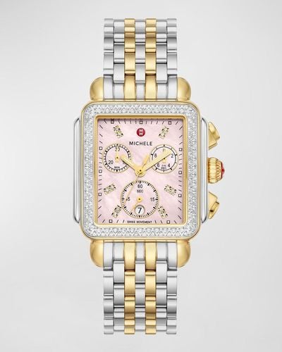 Michele 33Mm Deco Diamond Two-Tone Bracelet Watch - White