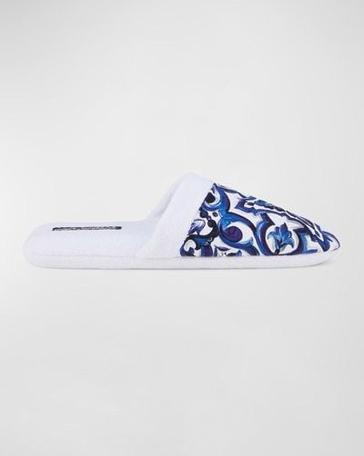 Dolce & Gabbana Majolica-Print Cotton Slippers - Blue