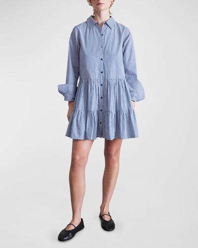 Apiece Apart Anna Striped Tiered Mini Shirtdress - Blue