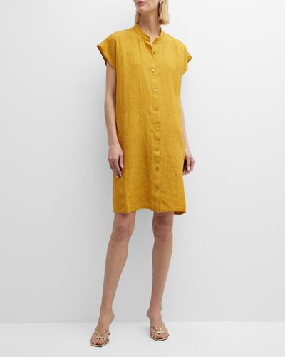 Eileen Fisher Short-sleeve Button-down Delave Linen Dress - Yellow