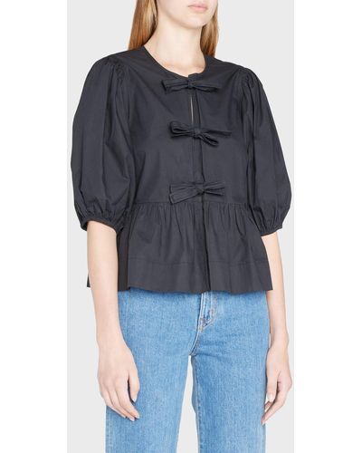 Ganni Poplin Front-Tie Peplum Blouse With Puffed-Sleeves - Blue