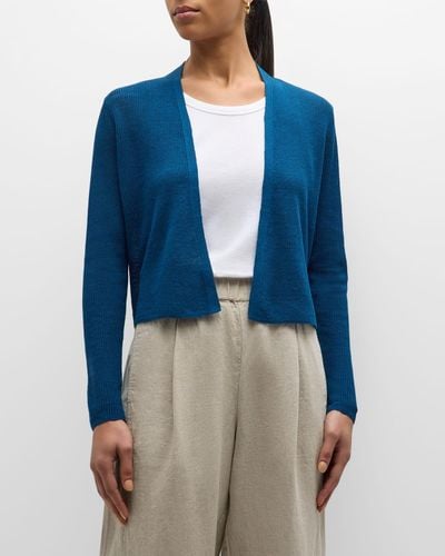 Eileen Fisher Petite Ribbed Open-Front Linen-Cotton Cardigan - Blue