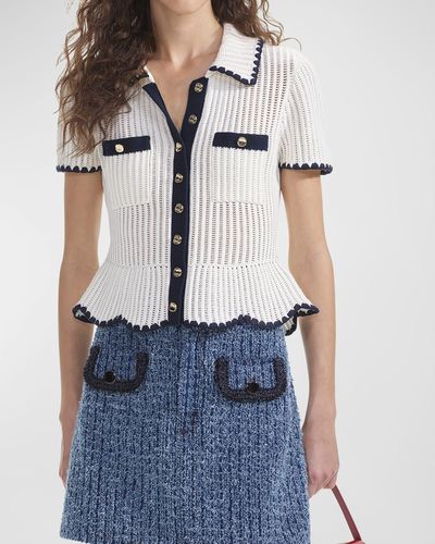 Self-Portrait Crochet Short-Sleeve Peplum Top - Blue