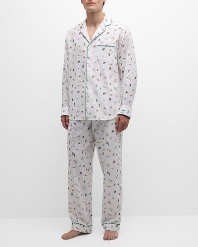 Petite Plume Cotton Camp-Print Long Pajama Set - White