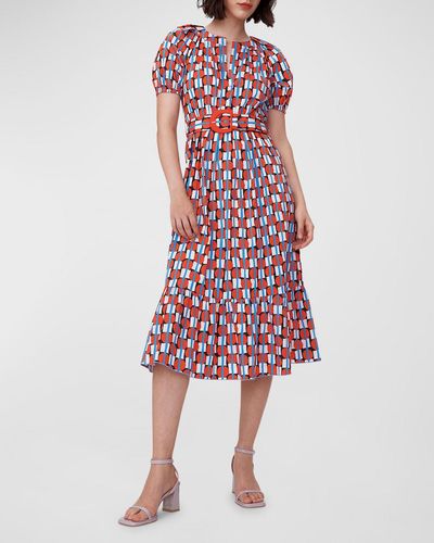 Diane von Furstenberg Lindy Geometric-Print Puff-Sleeve Midi Dress - Red