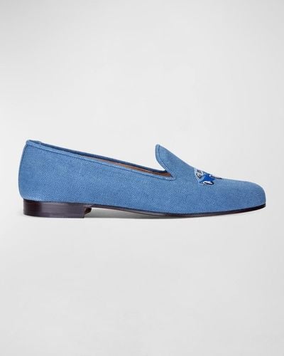 Stubbs And Wootton Embroidered Car Linen Smoking Slippers - Blue